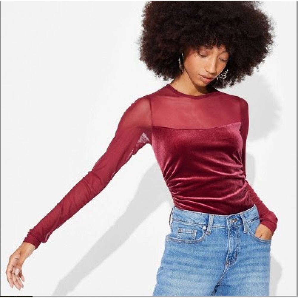 Wild Fable Mesh & Velour Long Sleeve Party Top – Cherry Red – Size XL